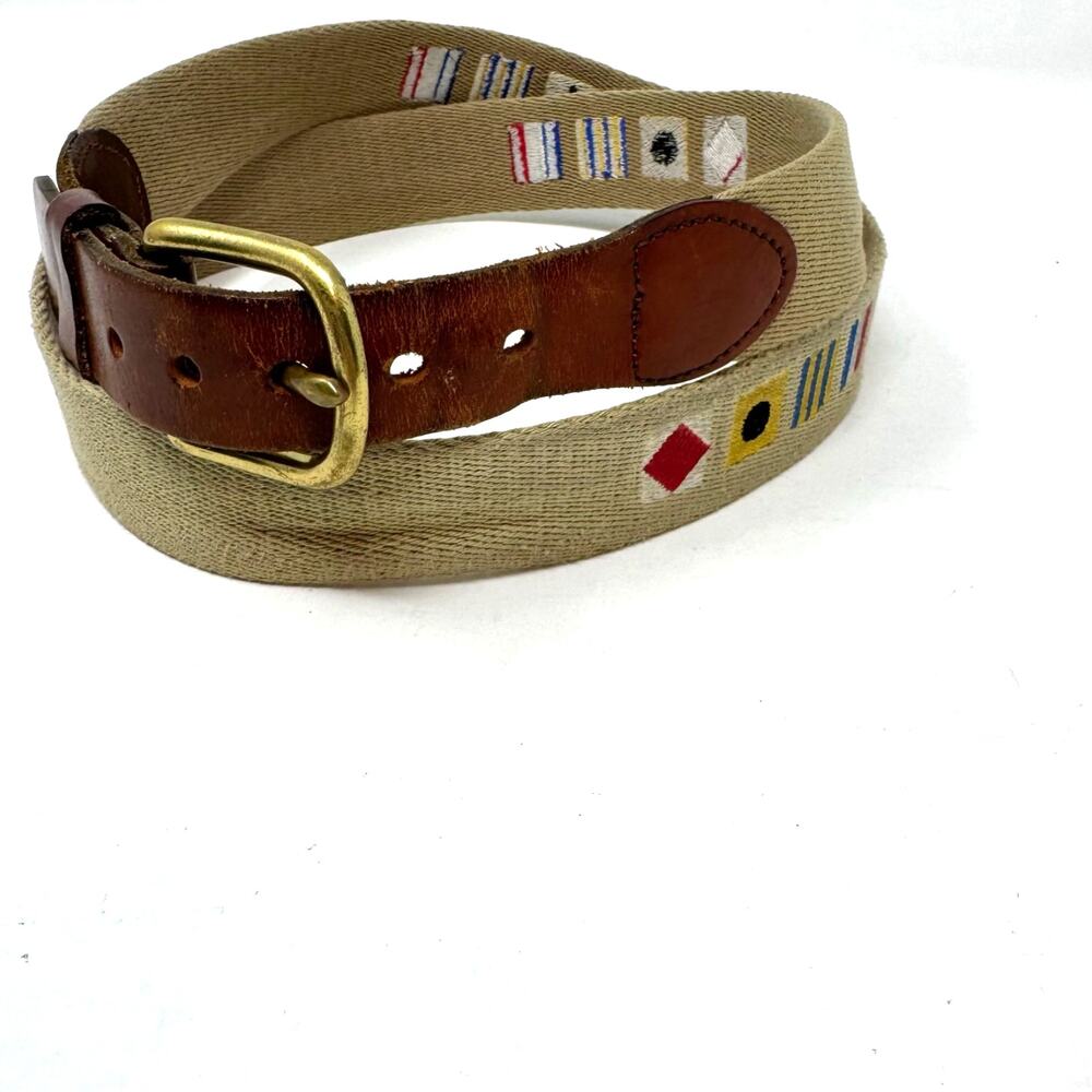 Leather Man Ltd Hand Made Leather Embroidered Belt 42 Brass Buckle Flag Nautical